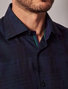 Navy & Green Jacquard Check Slim Shirt-preview1