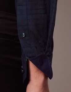Navy & Green Jacquard Check Slim Shirt-preview3