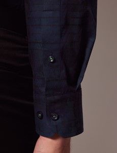 Navy & Green Jacquard Check Slim Shirt-preview5