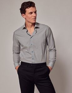 White & Light Blue Geometric Slim Shirt-preview5