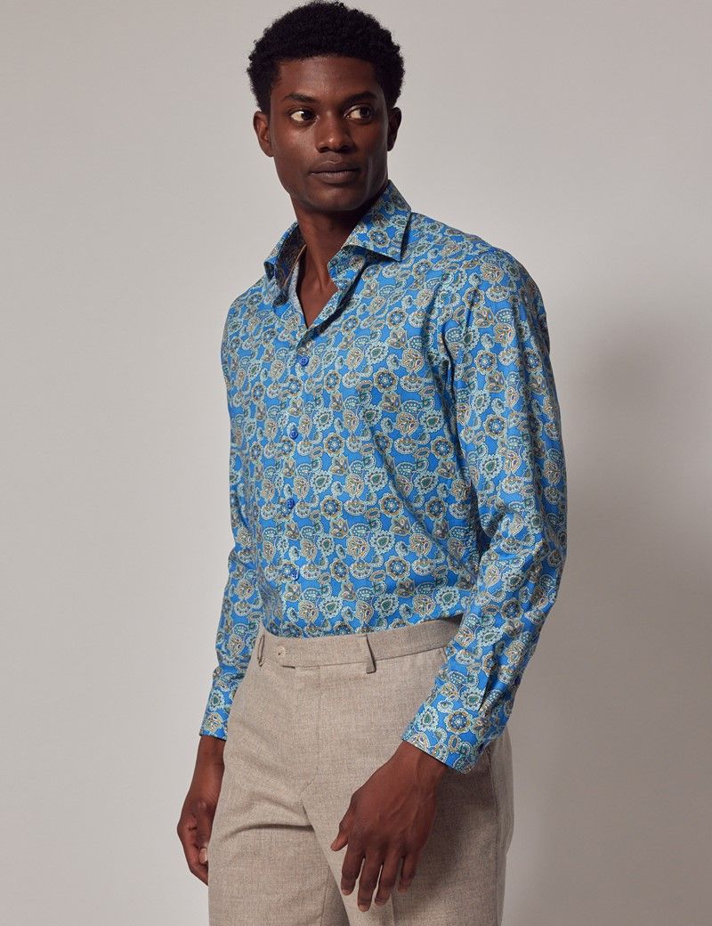 Men's Blue & Yellow Paisley Slim Shirt