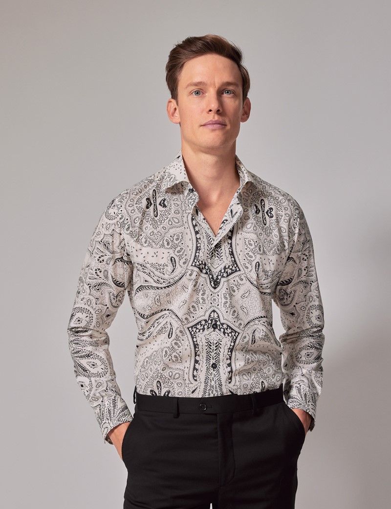 Men's White & Black Dotted Paisley Slim Shirt | Hawes & Curtis