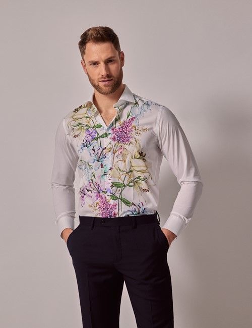 White & Purple Floral Slim Shirt
