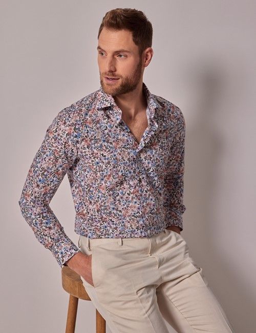 White & Blue Watercolour Floral Slim Shirt