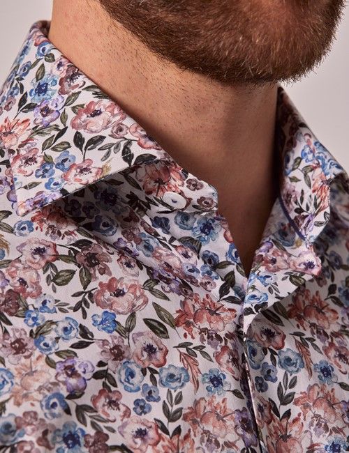 White & Blue Watercolour Floral Slim Shirt-preview