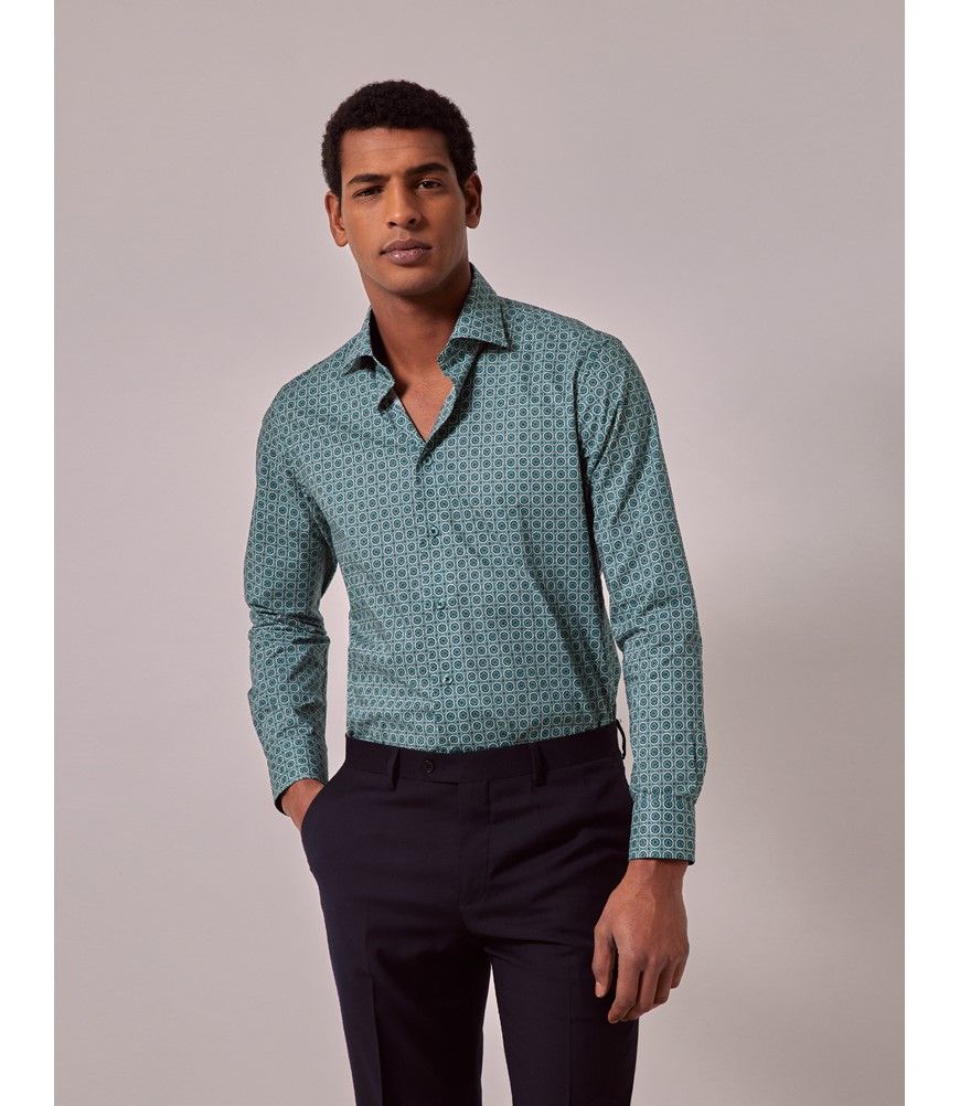 Men's Green & Cream Geometric Slim Shirt | Hawes & Curtis Men's Green & Cream Geometric Slim Shirt | Hawes & Curtis