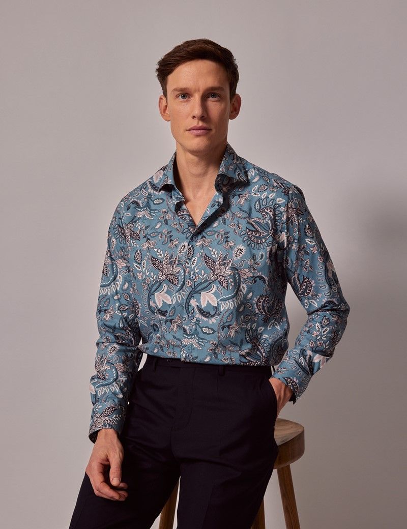 Men's Blue & White Bohemian Paisley Slim Shirt | Hawes & Curtis