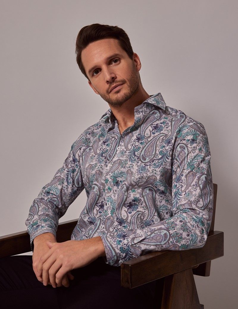 Men's White & Green Paisley Slim Shirt | Hawes & Curtis