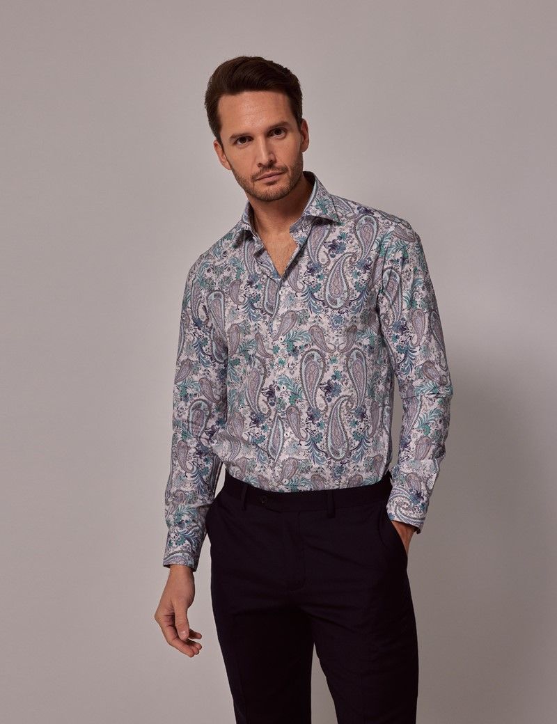 Men's White & Green Paisley Slim Shirt | Hawes & Curtis