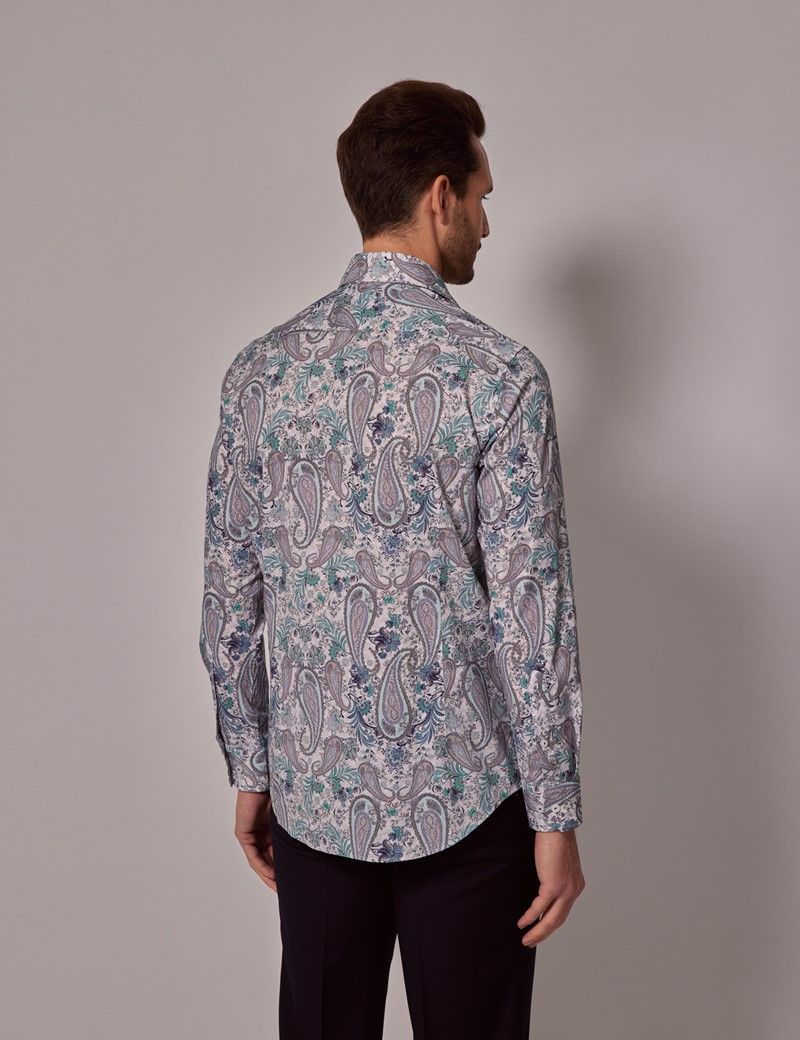 Men's White & Green Paisley Slim Shirt | Hawes & Curtis