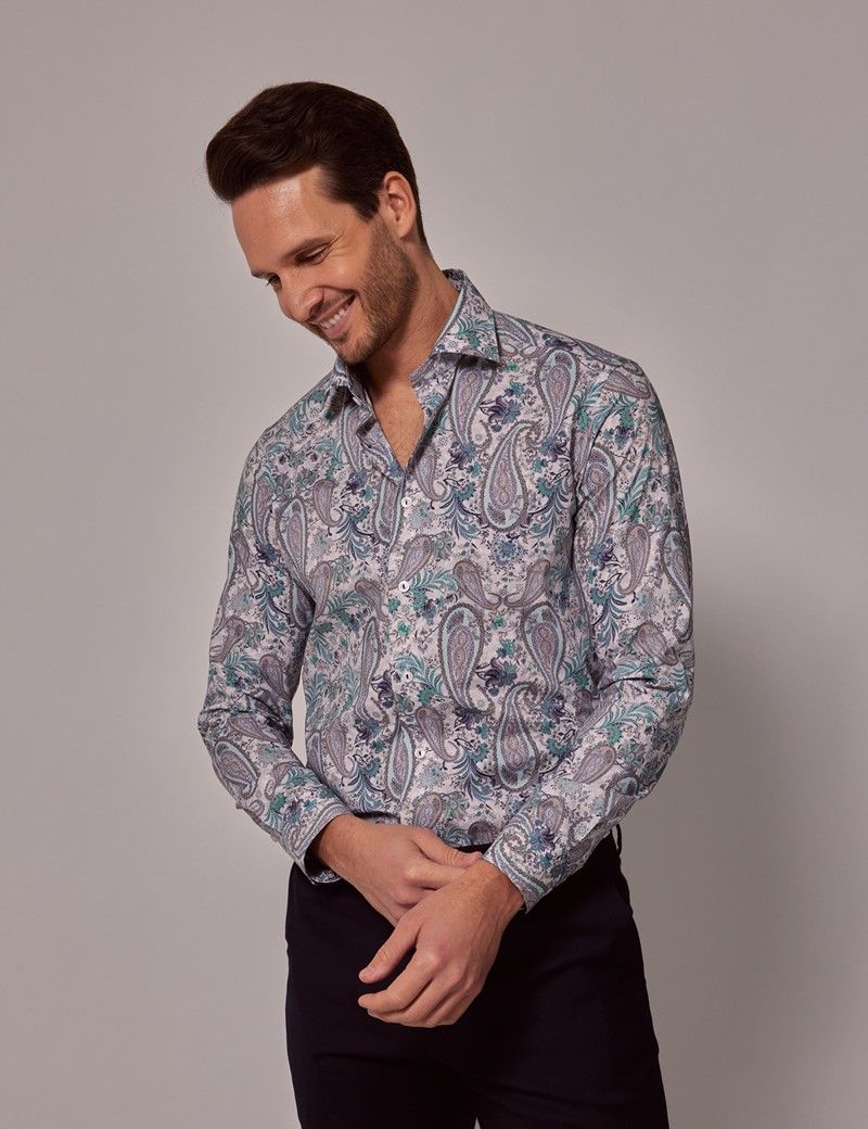 Men's White & Green Paisley Slim Shirt | Hawes & Curtis