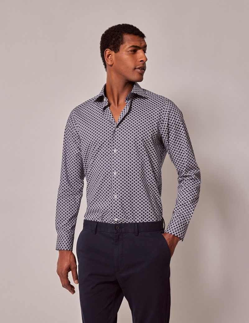 Men's Navy & White Geometric Slim Shirt - Lord's Limited Edition| Hawes ...