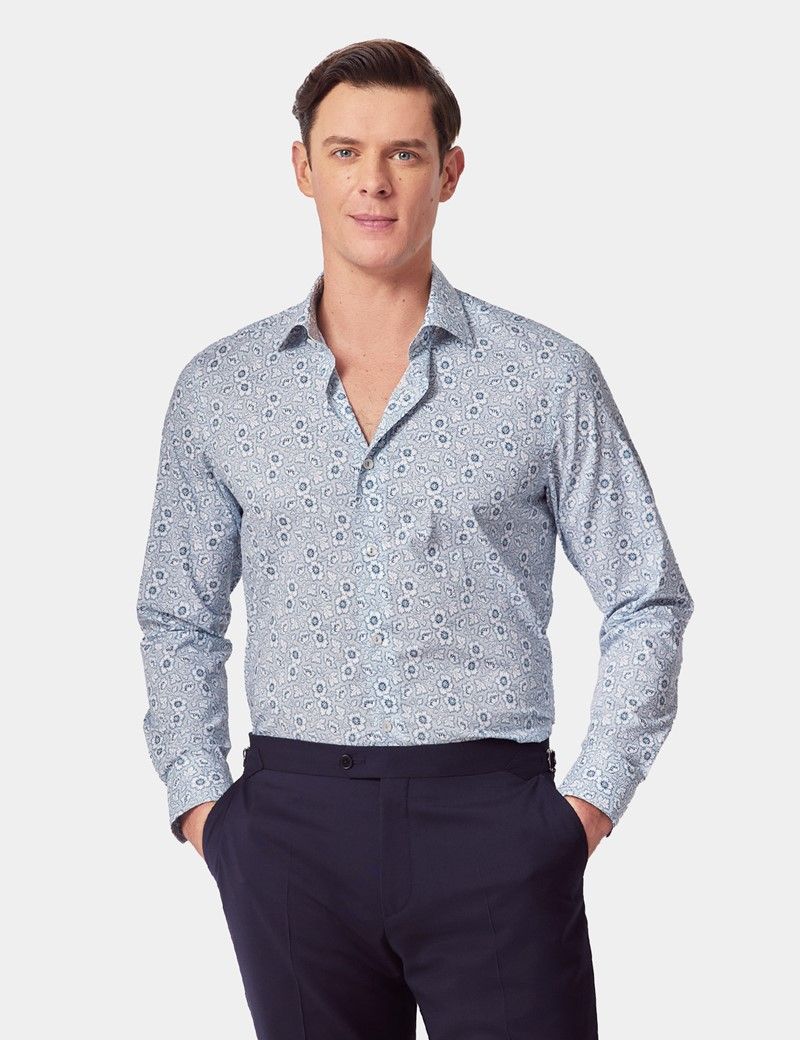 Slim Fit Blue & White Ditsy Floral Curtis Shirt