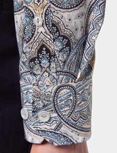 Slim Fit Cream & Blue Royal Paisley Curtis Shirt