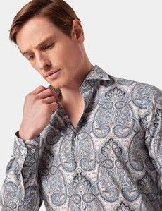 Slim Fit Cream & Blue Royal Paisley Curtis Shirt