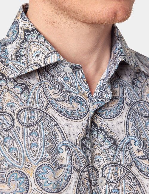 Slim Fit Cream & Blue Royal Paisley Curtis Shirt-preview