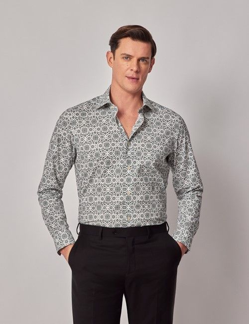 White & Green Abstract Print Slim Curtis Shirt