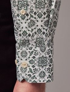 Slim Fit White & Green Abstract Print Curtis Shirt