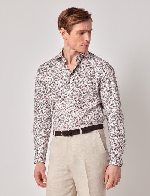 White & Brown Ditsy Leaves Slim Curtis Shirt