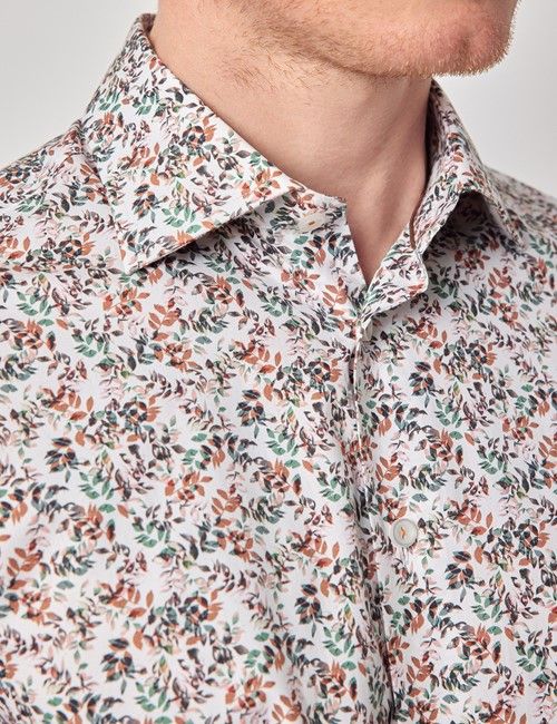 White & Brown Ditsy Leaves Slim Curtis Shirt-preview