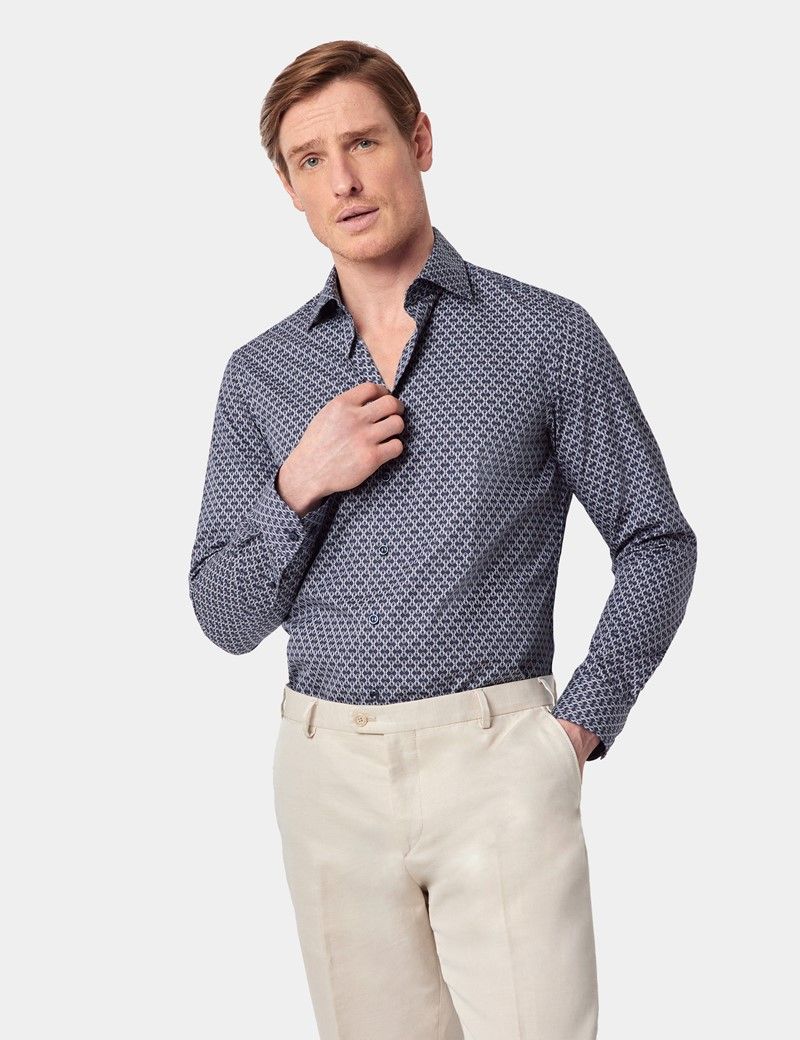 Slim Fit Navy & White Small Geo Curtis Shirt