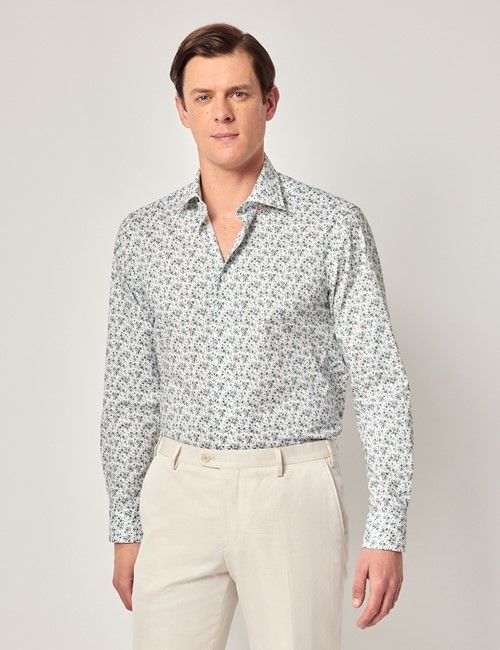Green & White Ditsy Floral Slim Shirt