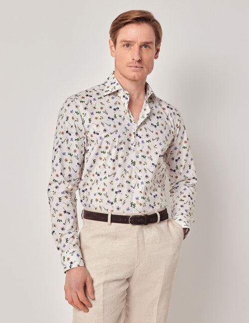 Cream & Purple Pressed Flowers Slim Curtis Shirt