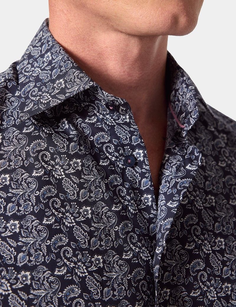 Slim Fit Navy & White Floral Curtis Shirt-preview
