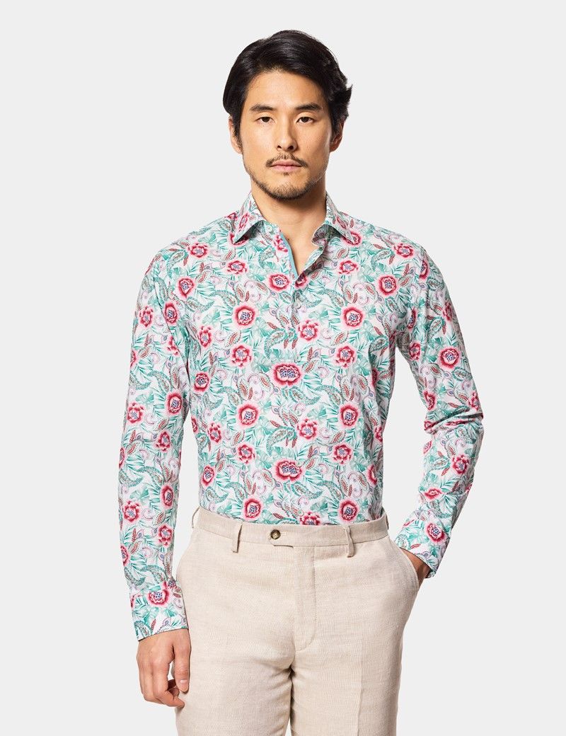 Slim Fit White & Green Floral Curtis Shirt