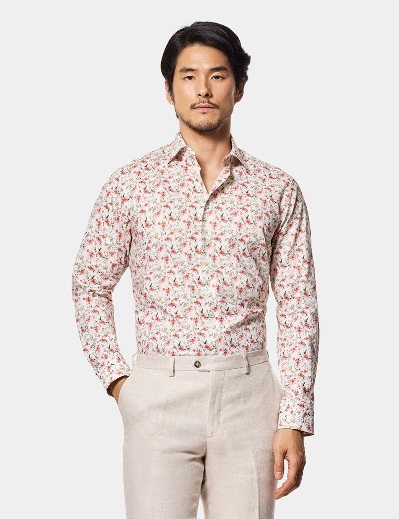 Slim Fit White & Pink Floral Curtis Shirt