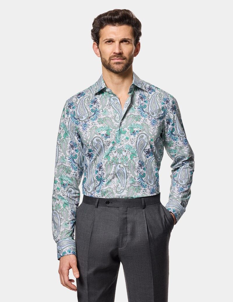 Slim Fit White & Green Paisley Curtis Shirt