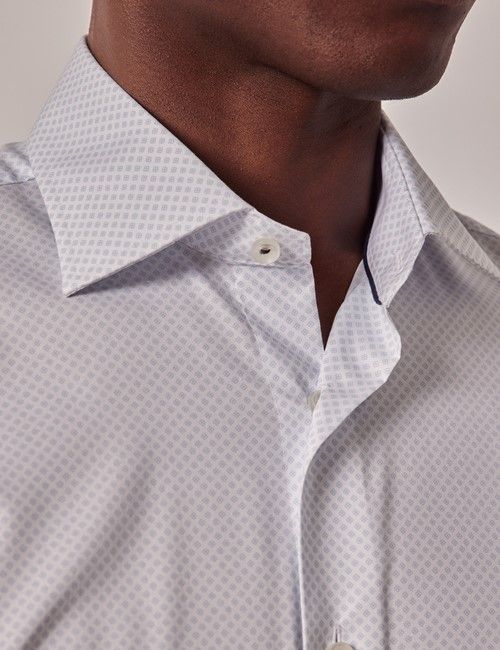 White & Blue Geometric Floral Slim Stretch Shirt-preview