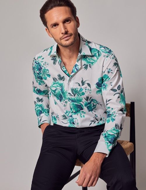 White & Green Floral Diamond Weave Shirt