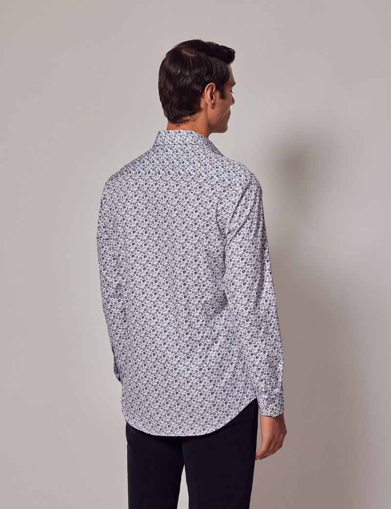 Men's White & Blue Micro Floral Diamond Weave Shirt