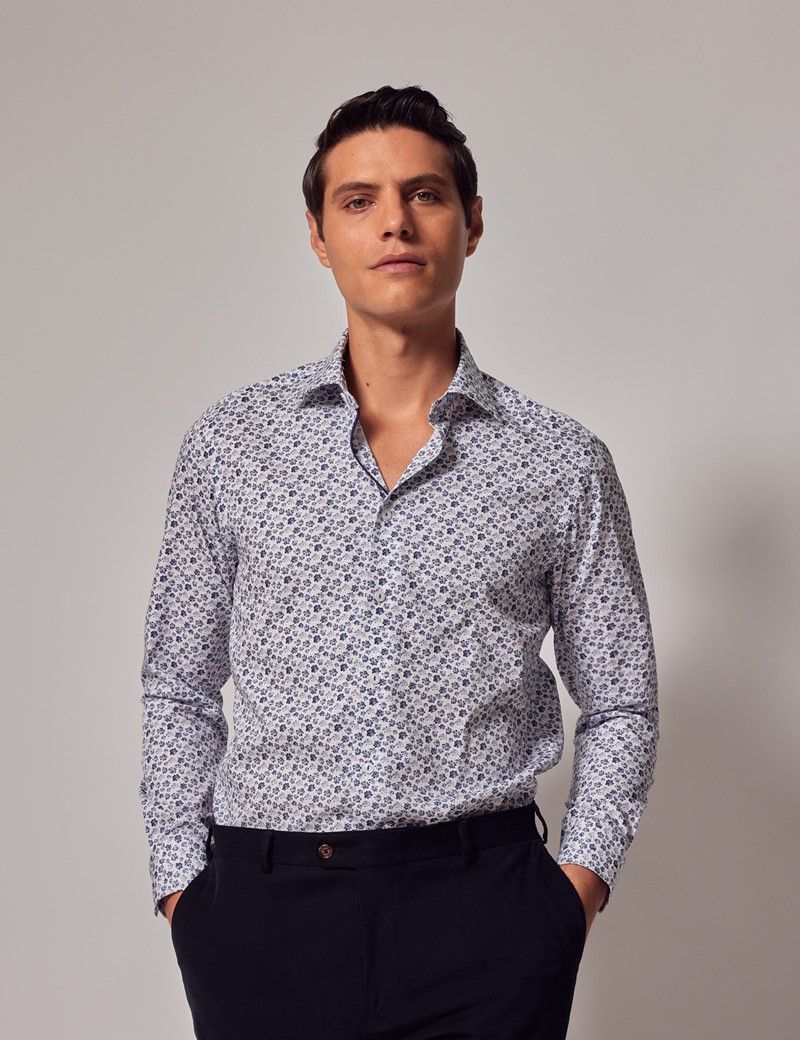 Men's White & Blue Micro Floral Diamond Weave Shirt