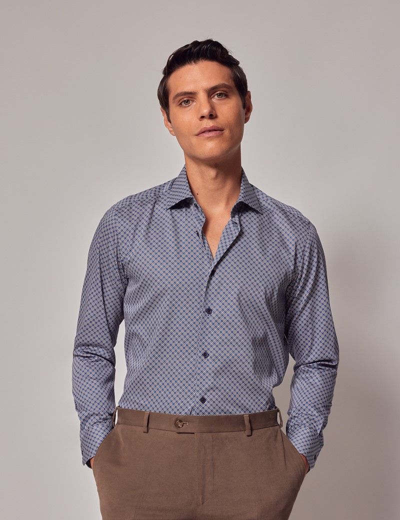 Men's Navy & Brown Geometric Cotton Satin Shirt