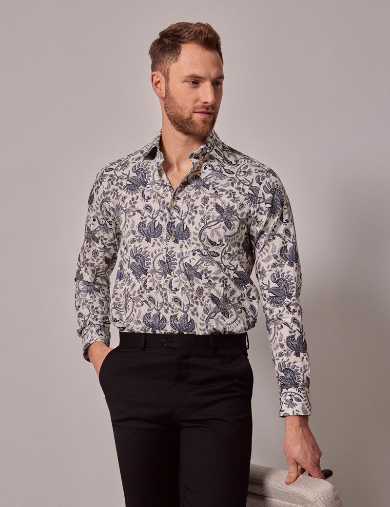 Men's Cream & Grey Paisley Slim Diamond Weave Shirt | Hawes & Curtis