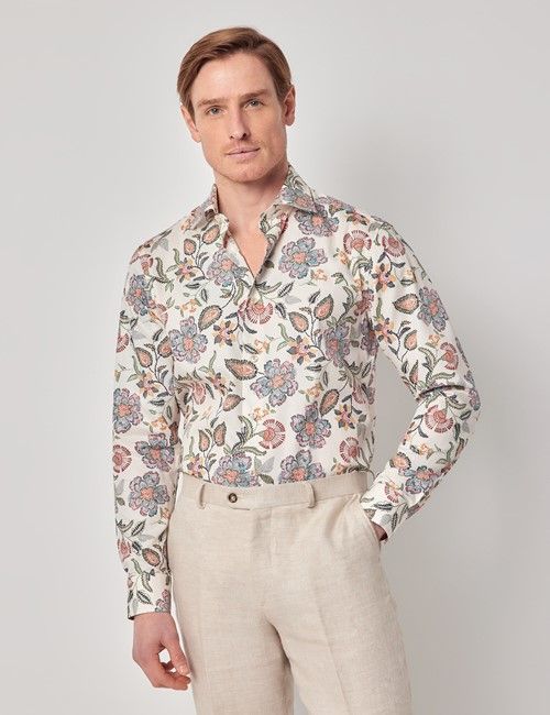 Cream & Green Floral Diamond Weave Slim Curtis Shirt