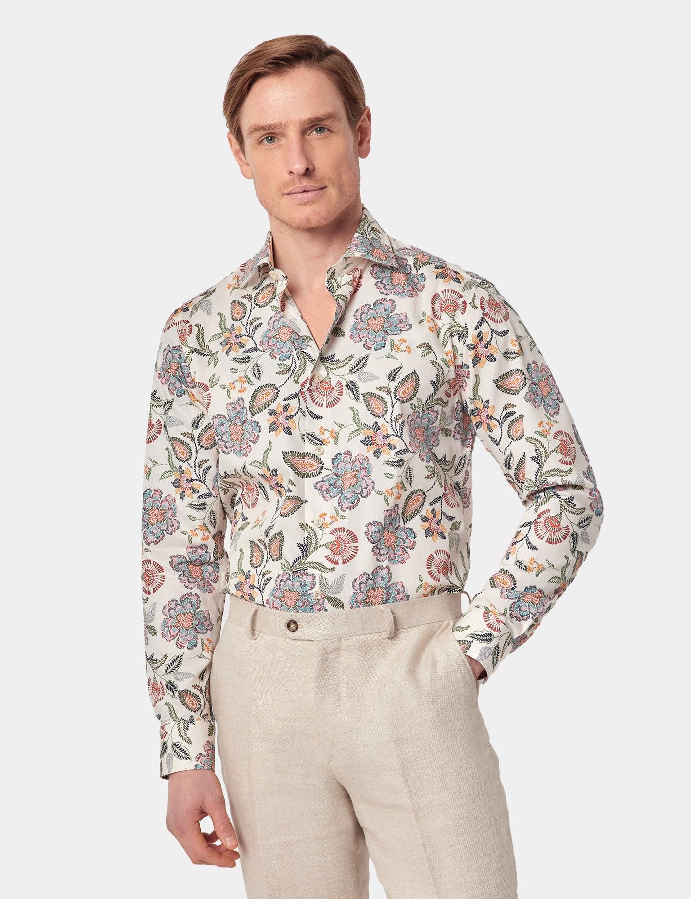 Men's Cream & Green Floral Diamond Weave Shirt | Hawes & Curtis