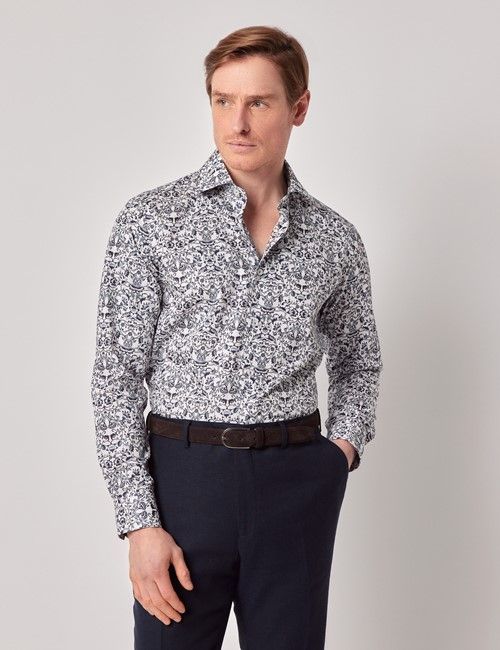 White & Navy Floral Diamond Weave Slim Curtis Shirt