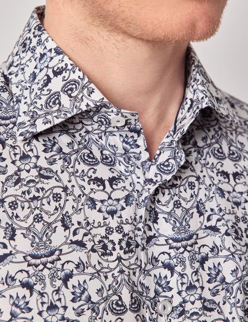 White & Navy Floral Diamond Weave Slim Curtis Shirt-preview