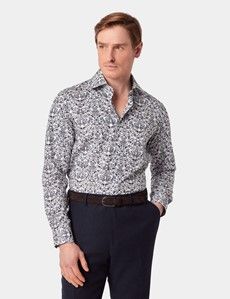 Slim Fit White & Navy Floral Diamond Weave Curtis Shirt
