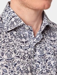 Slim Fit White & Navy Floral Diamond Weave Curtis Shirt