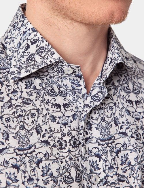 Slim Fit White & Navy Floral Diamond Weave Curtis Shirt-preview