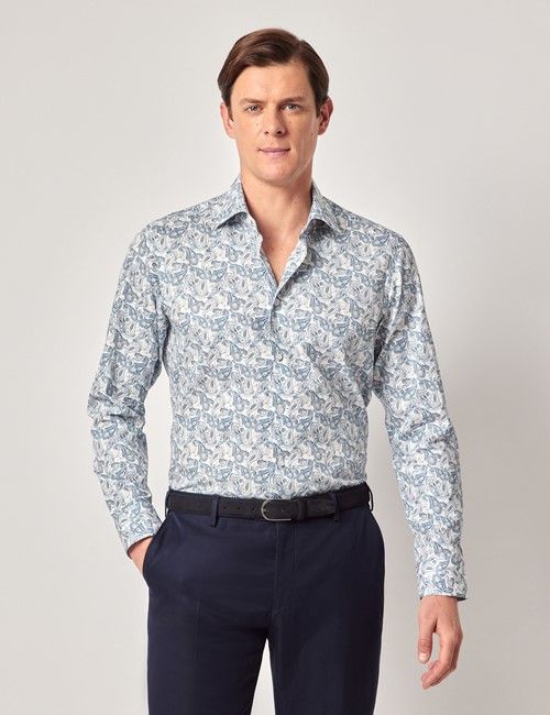 White & Navy Paisley Diamond Weave Slim Curtis Shirt