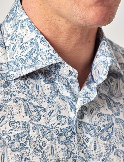 White & Navy Paisley Diamond Weave Slim Curtis Shirt-preview