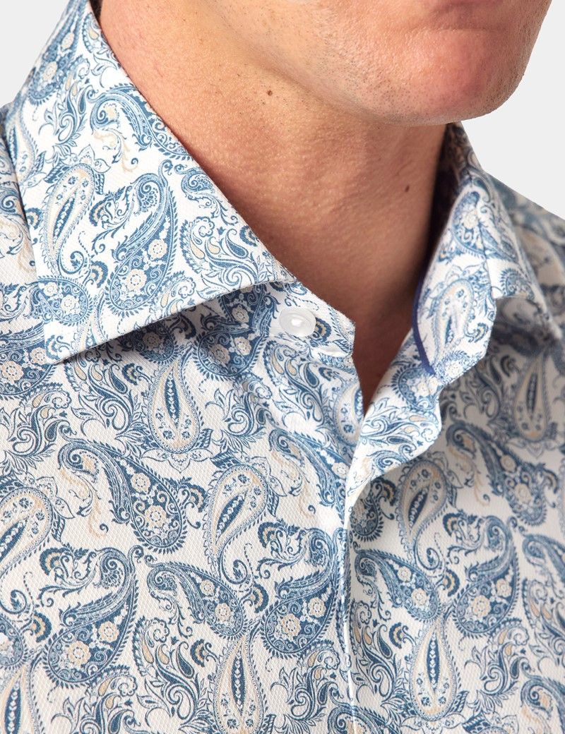Slim Fit White & Navy Paisley Diamond Weave Curtis Shirt-preview