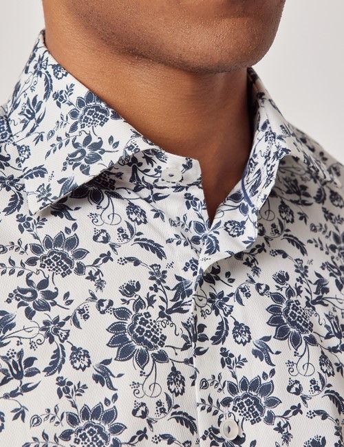 White & Navy Floral Diamond Weave Slim Curtis Shirt-preview