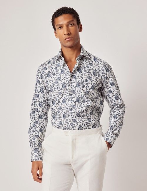 White & Navy Floral Diamond Weave Slim Curtis Shirt