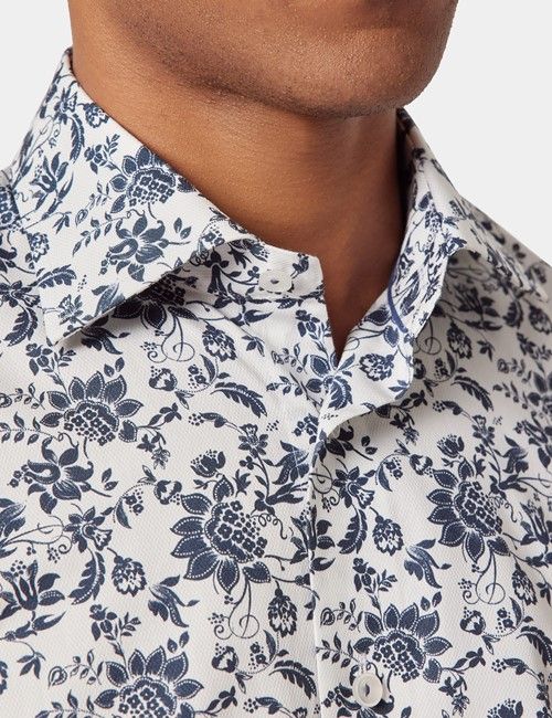 White & Navy Floral Diamond Weave Slim Curtis Shirt-preview